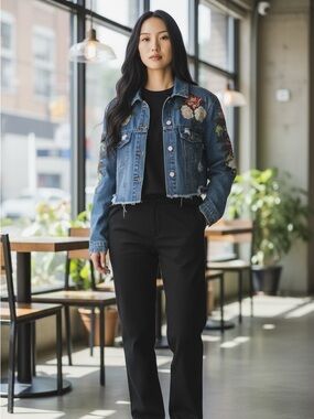 DESIGN LAB Embroidered Cropped Denim Jacket with Floral Appliqué Blue size small